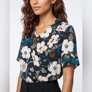 Laundry By Shelli Segal Black Floral V-Neck Blouse with Teal and Cream Accents